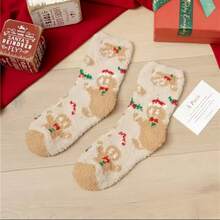 1 Pair Unisex Gingerbread Coral Fleece Socks, Comfortable Warm Mid-Calf Socks With Holiday Patterns, 95% Polyester, 5% Spandex, Suitable For Home Wear And Holiday Gifts - Multicolor - View 6