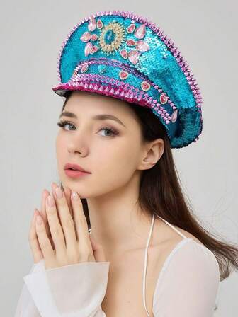 1pc Shiny Polyester Steampunk Rhinestone Captain Hat For Women & Men, Military Cap, Pirate Hat, Suitable For Halloween, Cosplay, Christmas, Bar, Bachelorette Party