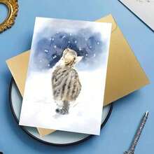 بطاقة تهنئة شتوية بقطة سلمية مع مغلف (11 سم * 16 سم) - تصميم قطة تتأمل الثلج، رائعة للأصدقاء والزملاء، مثالية لأعياد الميلاد والاحتفالات العطلات، بطاقة تهنئة عيد الميلاد | بطاقة قطة احتفالية | بطاقة ترحيب ورقية