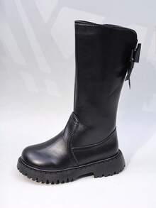 可爱蝴蝶结儿童靴子女童高筒靴幼儿和小孩厚底靴公主高筒靴温暖冬季雪地靴 - 黑色 - 查看 5