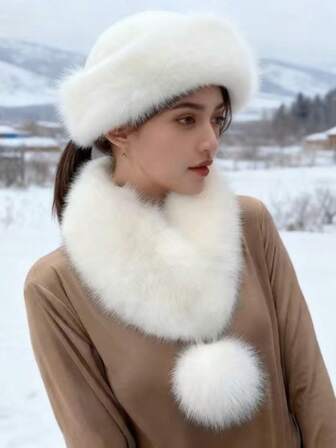 2件套人造毛球帽围巾套装，女士冬季保暖蒙古风帽子，可爱毛球滑雪帽，纯色涤纶抓绒配饰，冬季保暖头饰