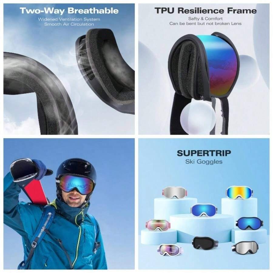 - anteojos de esqu para hombres y mujeres, antivaho, proteccin, para snowboard para adultos y jvenes - Marco negro/lente azul (vlt 12%) - Ver 1