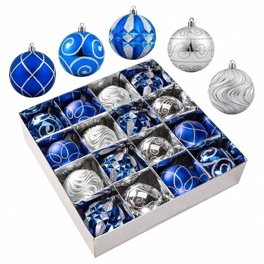 Christmas Ornaments 16 Pcs, Blue & Silver Shatterproof Ball Ornaments - 3.15" Xmas Tree Decorations For Holiday, Party, Wedding Decor - 多色372 - 查看 1