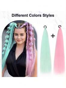 2pcs 26-Inch Halloween/Christmas Purple, Green, Blue, Pink, Red, Gold Colorful DIY Braiding Clip-In Hair Extensions, Synthetic Long Straight Hair, Heat Resistant Fluffy Ponytail Hair Pieces, Suitable For Women And Girls - Multicolor - View 5