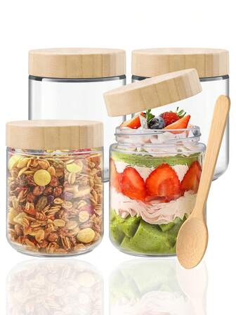 2个/4个 480毫升 16.23盎司 玻璃罐，玻璃密封罐，带盖隔夜燕麦罐，厨房玻璃罐，带盖燕麦罐，带木盖玻璃储物罐，密封食品罐，玻璃杯，食品储物罐，调味罐，燕麦杯，酸奶杯，早餐杯，谷物罐，沙拉杯，可放入洗碗机清洗，适用于酸奶