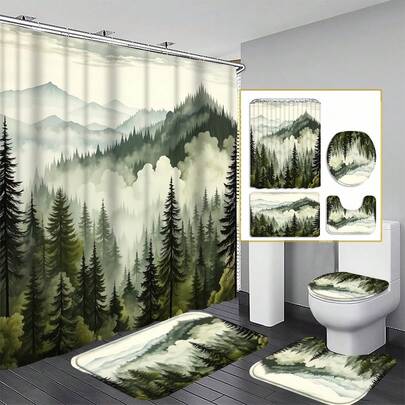 1/4pcs Set Deep Green Misty Forest Shower Curtain, Nature Woodland Bathroom Curtain, Rustic Forest Pine Tree Landscape Waterproof Shower Curtain Set (With Hooks) For Men