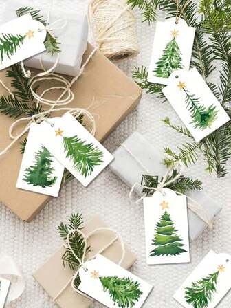 60/30 pièces Étiquettes cadeaux avec sapins à l'aquarelle et étoiles dorées - Étiquettes de fête pour l'emballage et la décoration de boîtes, emballage cadeau rustique | Étiquettes cadeaux artistiques | Étiquettes avec ficelle naturelle | Cadeaux de Noël | Accessoires d'emballage cadeaux
