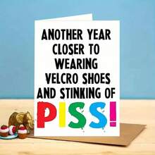 Edgy Humor Birthday Card With Bold Hook And Loop Shoes & PISS! Message - Colorful Typography Insult Greeting Card For Adults, Irreverent Age Milestone Card With Golden Elephant And Cupcake Prop Display - Multicolor - View 8