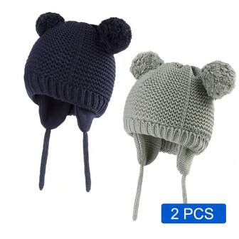 2 PCS Toddler Boys Girls Beanie Hat Thermal Lined Knit Kids Hat With Ear Flaps Baby Warm Winter Hat