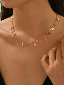 1 pieza Collar de mujer con elementos de estrella, luna y borla, joyería versátil para uso diario, citas, fiestas, festivales de música. La longitud y el arreglo de la cadena hechos a mano varían.