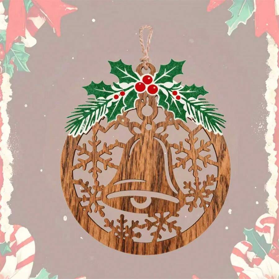 Adornos navideños rústicos de madera: estrella, muñeco de nieve y campana. Etiquetas colgantes para el hogar. - Verde - Ver 1
