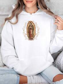Our Lady Of Guadalupe Virgin Mary Hoodie, Mother Hoodie, Latina Hoodie Gift For Catholic Mom, Vintage 90s Y2K - Soft, Breathable Crew Neck, Lightweight & Comfortable Casual Summer Wear, Women's Tops, White - White - Hoodie - 查看 2
