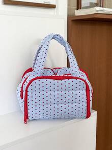 1pc Blue Background Red Heart Portable Makeup Bag, Large Capacity Compartment Organizer Pouch, Daily Cosmetic Accessories, Handbag For Travel, Home & Outdoor, Fashionable Women Essentials Make Up Bag Makeup Pouch Cosmetic Bag Toiletry Bag Wash Bag Travel Essential Cruise Essentials Vacation Essentials For Men Women