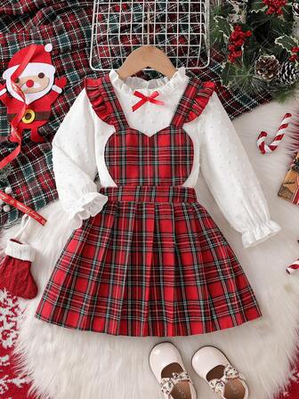 Småbarnsflickors moderiktiga och avslappnade söta set - Minimalistisk skjorta med rosettkrage + Hjärtformad rutig kjol med strumpebandshållare