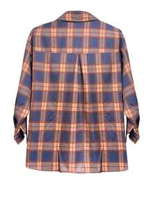 Y2K 女士休闲格子长袖衬衫，纽扣前襟，翻领，落肩设计，带领子和口袋，宽松版型，面料顺滑轻盈，穿着舒适。 - 藍色 - 查看 7