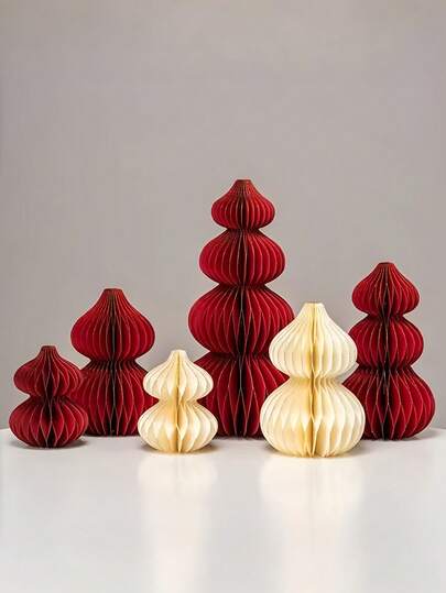 4件套圣诞装饰纸蜂窝葫芦形DIY新年派对家居摆件桌面配件红灯笼，圣诞树装饰纸蜂窝球折叠手工DIY中国新年树迷你桌面摆件ins风，葫芦摆件玄关桌面摆件窗台葫芦魅力新年春节派对装饰圣诞装饰家居圣诞礼物圣诞装饰