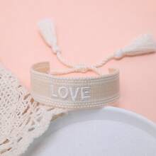 1pc Handmade Embroidered Love Letter Boho Tassel Braided Bracelet - Beige - View 3