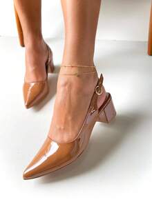 Elegant Block Heel Sandal With Pointed Toe And Closed Back Opening In Caramel Patent Leather - Caramel Varnish - View 2