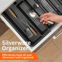 Royalswill Expandable Cutlery Tray For Storage Boxes, Kitchen Drawer Accessories, Extendable 6-8 Compartment Knife Tray For Kitchen Drawers, Adjustable Cutlery Organiser, Plastic Spoon, Fork And Knife Storage Box, Storage Insert For Cutlery Organisation - Black - View 6