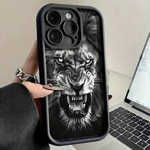 New Film Style Gray And White Wild Lion Head Creative Hot-Selling Phone Case - Suitable For IPhone 11/12/13/14/15/16 Pro/Pro Max/Plus, Shockproof Full Protection Phone Case, Gift For Family And Friends. - 黑色 - 查看 5