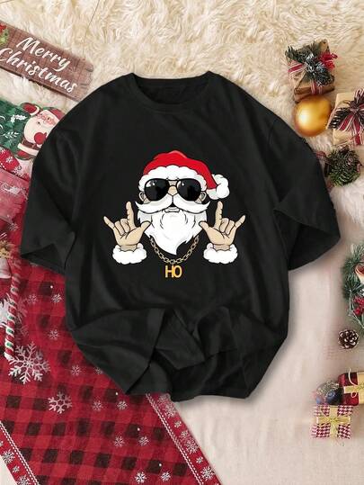 Men's Round Neck Short Sleeve "Rockstar Santa" Graphic Casual T-Shirt, Suitable For Christmas Gift, Machine Washable