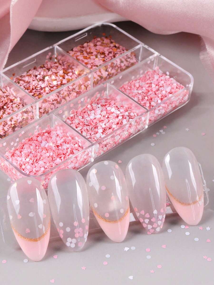 6盒1毫米混合粉色亮片美甲贴纸,可爱日式粉色魅力美甲装饰贴纸 - 彩色 - 查看 1