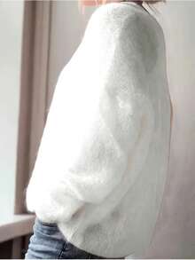 Damski sweter z mieszanki pluszu i moheru | Różowy sweter z dekoltem w serek na jesień i zimę | Miękki dzianinowy top z obniżonymi ramionami na chłodne dni i wygodę na co dzień