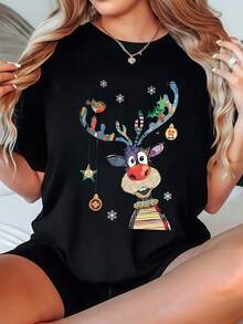 Women's  Christmas Reindeer Holiday T-Shirt With Colorful Antlers And Ornaments, Festive Snowflake Print, Perfect For Winter Celebrations And Xmas Parties 220g - 黑色 - 查看 1