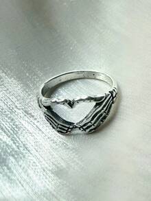 1 pieza Anillo de mano con gesto de corazón vintage, anillo sello unisex con combinación de mano de calavera, anillo personalizado único de alta gama