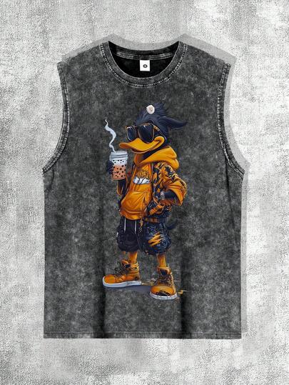 Chaleco sin mangas con lavado ácido para hombres, ropa deportiva casual para exteriores, senderismo, playa, con estampado de pato fresco, estilo veraniego de los años 2000