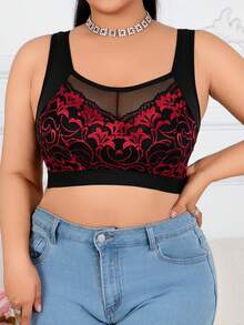 Plus Size Red Leaf Lace Patchwork Wireless Bra, Soft And Skin-Friendly Fabric - Red - View 3