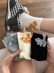 3 Pairs Cartoon Cat & Egg Pattern Crew Socks, Funny Christmas Gift Socks, Suitable For Spring, Autumn, All Seasons, Fashionable & Cute Animal Design - Multicolor - View 1