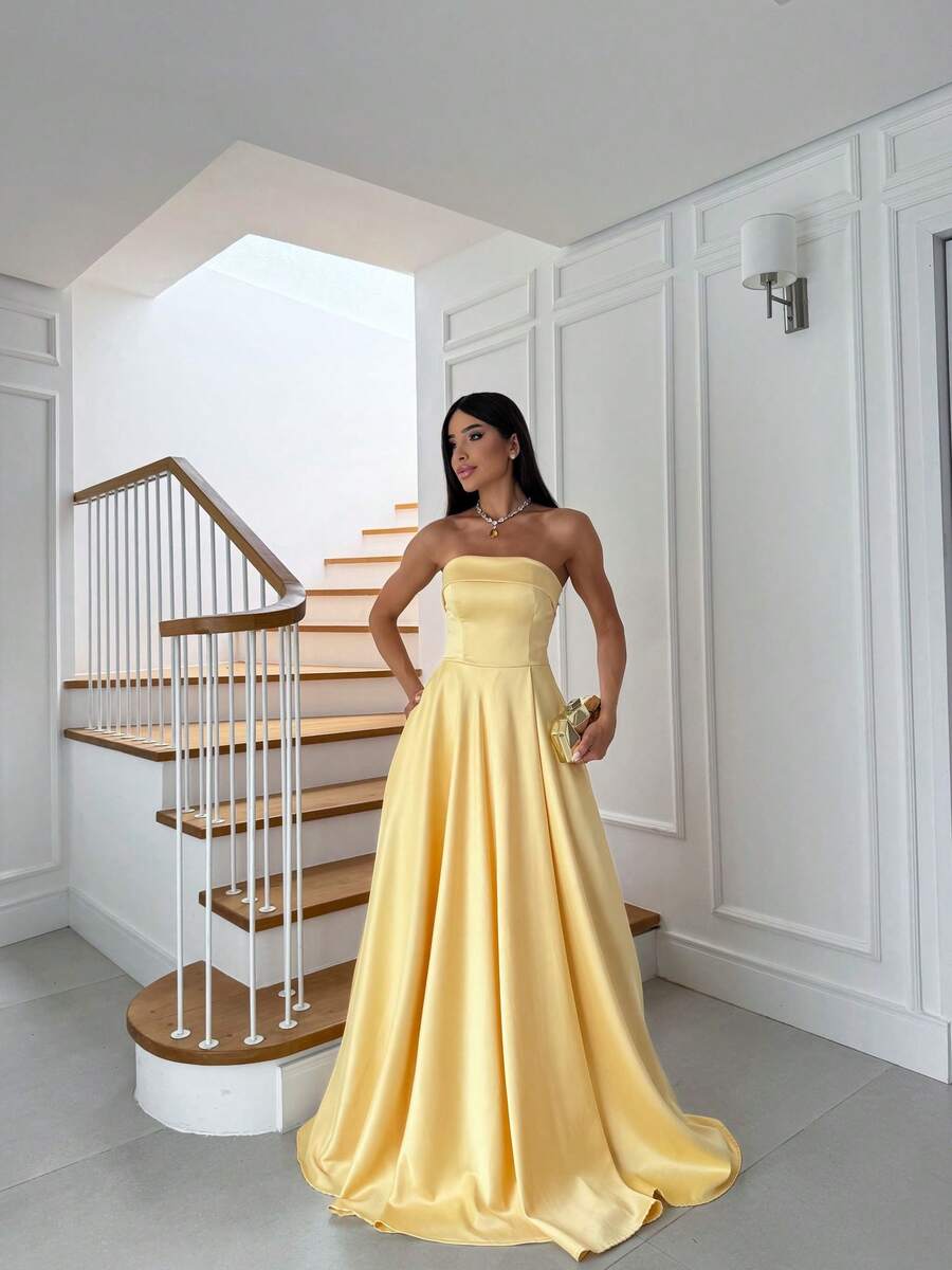 SATIN PARTY DRESS WEDDING BRIDESMAIDS GRADUATES STRAP-OFF - AMARILLO - Ver 1