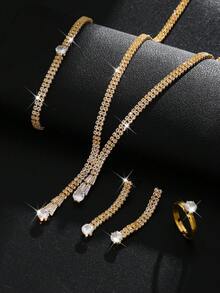 女士首饰套装 - 项链、耳环、手链、戒指，优雅精致，适合派对、婚礼和特殊场合。 - 金色 - 查看 4