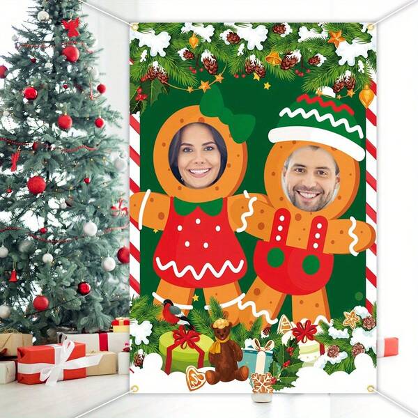 Gingerbread Photo Booth Backdrop - Large Polyester Fabric Cutout Banner For Christmas, Birthday, New Year, Festivals, First Communion - Indoor/Outdoor Holiday Party Decoration