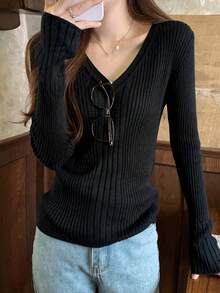 Women V-Neck Ribbed Slim Fit Knit Pullover Tops, All-Match Versatile Long Sleeve Casual Wear - Black - View 3