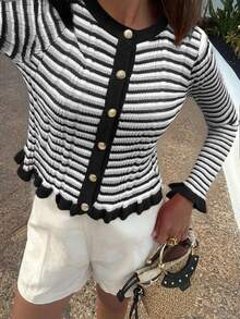 SEREN New Spring Striped Contrast Color Crew Neck Button-Up Long Sleeve Knit Cardigan, Slim Fit Flattering Ruffle Hem Long Sleeve Knit Top, - Black and White - View 4