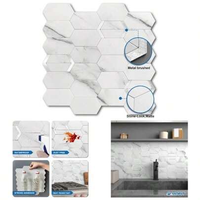 Peel And Stick Tile Kitchen Backsplash Matte, Peel And Stick Bathroom Marble 3D Wall Panels Honeycomb Tiles Rvs Waterproof10sheets, White Silver