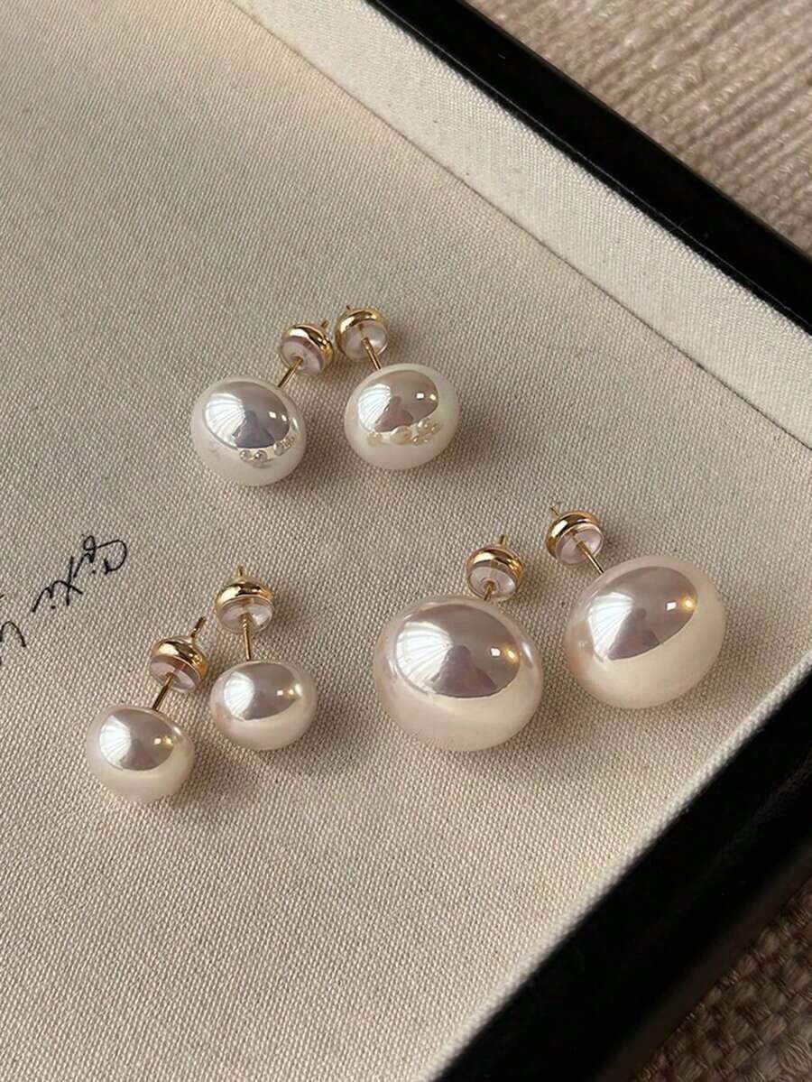 3 Pairs Retro Minimalist Elegant Faux Pearl Stud Earrings Set, Chic Lightweight Earrings Suitable For Women's Daily And Holiday Wear - Hoa anh đào màu hồng - Xem 1