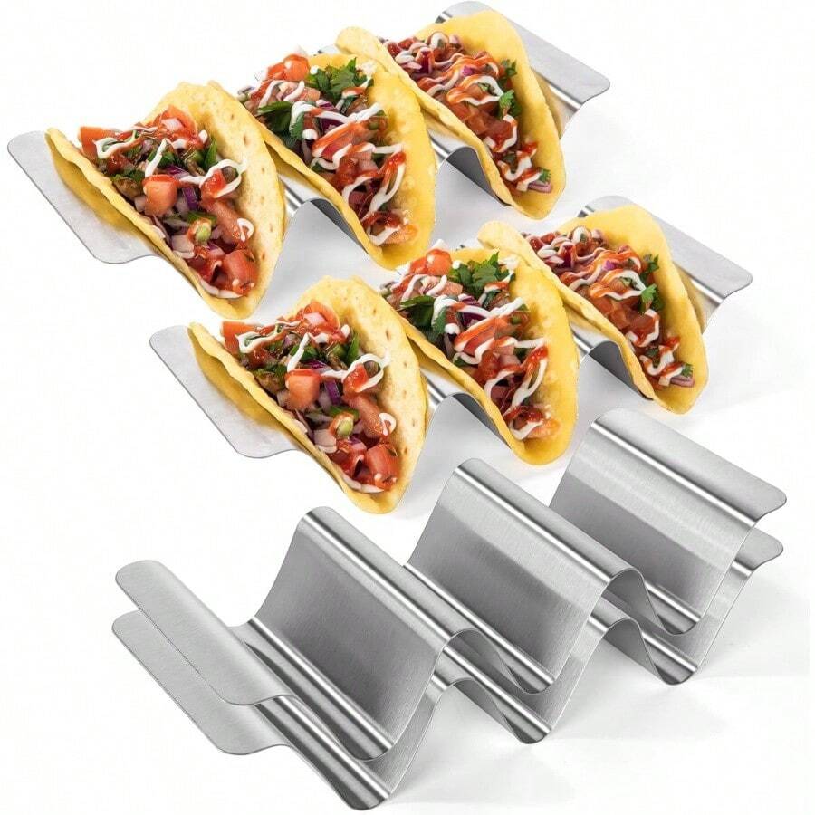 Stainless Steel Taco Racks: Soft And Hard Taco Racks Oven Metal Tortilla Tray Plate Holder Set With Handles And Rounded Curves (Set Of 4) - Silver - View 1