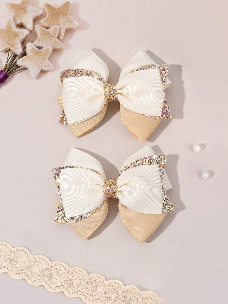 2pcs Elegant Beige Khaki Hair Bows For Girls Champagne Glitter Bow Alligator Clips Daily Hair Clips Wedding Party Barrettes Casual Sparkly Hairpins Teens Hair Accessories - Beige - View 1