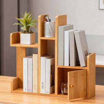 Estantería de almacenamiento de bambú - Diseño abierto fijo para organizar literatura, accesorios de escritorio y artículos de decoración en salas de estar, espacios de trabajo y baños
