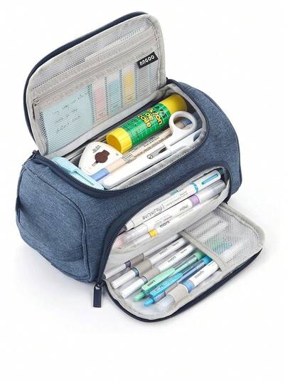 1 pieza Estuche de lápices con apertura doble, gran capacidad con múltiples ranuras, bolsillo de malla, asa y organizador de papelería, para estudiantes, regreso a la escuela, universidad, regalo de recompensa, suministros de oficina