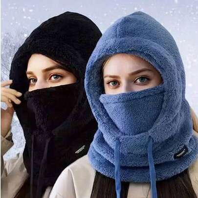 1pc Winter Warm Fleece Balaclava - Lightweight & Warm, Suitable For Cycling, Skiing, Outdoor Sports, Elastic Drawstring Design, Solid Color Hooded, With Fleece Windproof Ear Covers, Unisex Winter Hat, Polyester Knitted Full Head & Neck Warmer