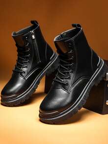 New High-Top Fashion Men's Boots, Lace-Up Leather Upper With Side Zipper Design, Thick Sole, Anti-Slip, Suitable For Outdoor, Hiking, Work, Snow Boots