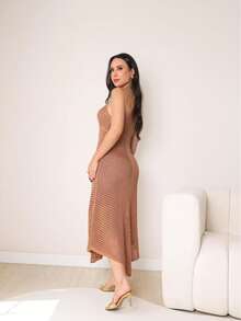 Vestido Midi Verão Assimetrico de Bico Com Forro Crochê Noivas Reveillon Ano Novo - Chocolate - Visão 1