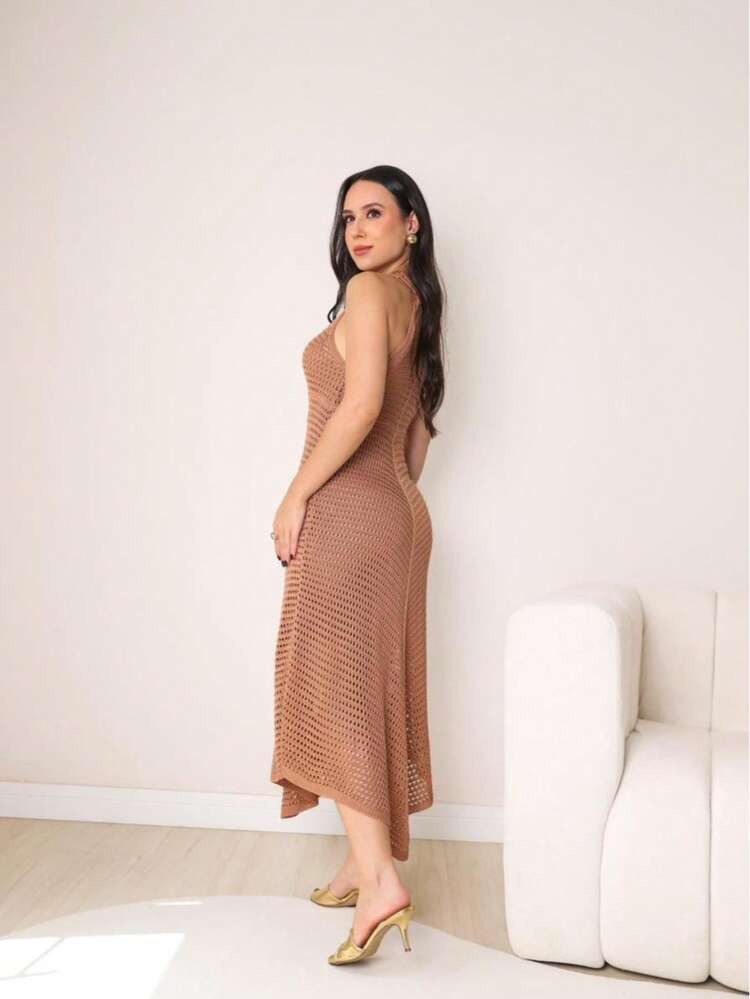 Asymmetrical Summer Midi Dress With Crochet Lining For Brides New Year's Eve - Chocolate Brown - View 1