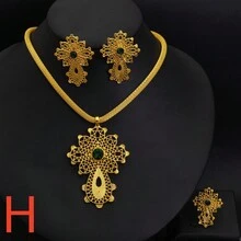 African Classic Cross Jewelry Set, Golden Color Pendant Necklace Earrings Ring, Middle East Eritrea Bridal Wedding Jewelry Gift