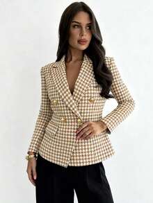 Áo khoác blazer dáng rộng tay dài họa tiết răng sói cài hai hàng khuy thời trang thanh lịch kiểu Pháp dành cho nữ vào mùa thu đông - Màu Khaki - Xem 2