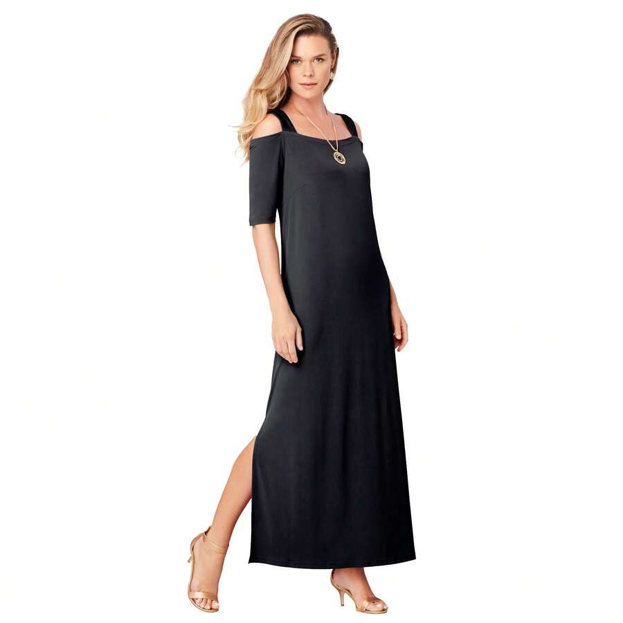 Roaman's Women's Plus Size Petite Plus Size Cold Shoulder Maxi Dress - Black - View 1
